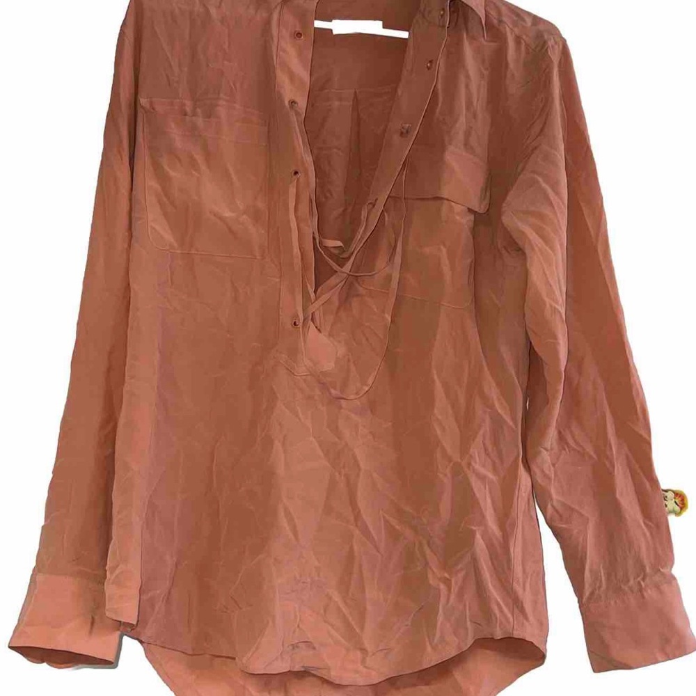 EQUIPMENT FEMME SILK BLOUSE SALMON LONG SLEEVE POCKETS TIE UP $228 RT V NECK